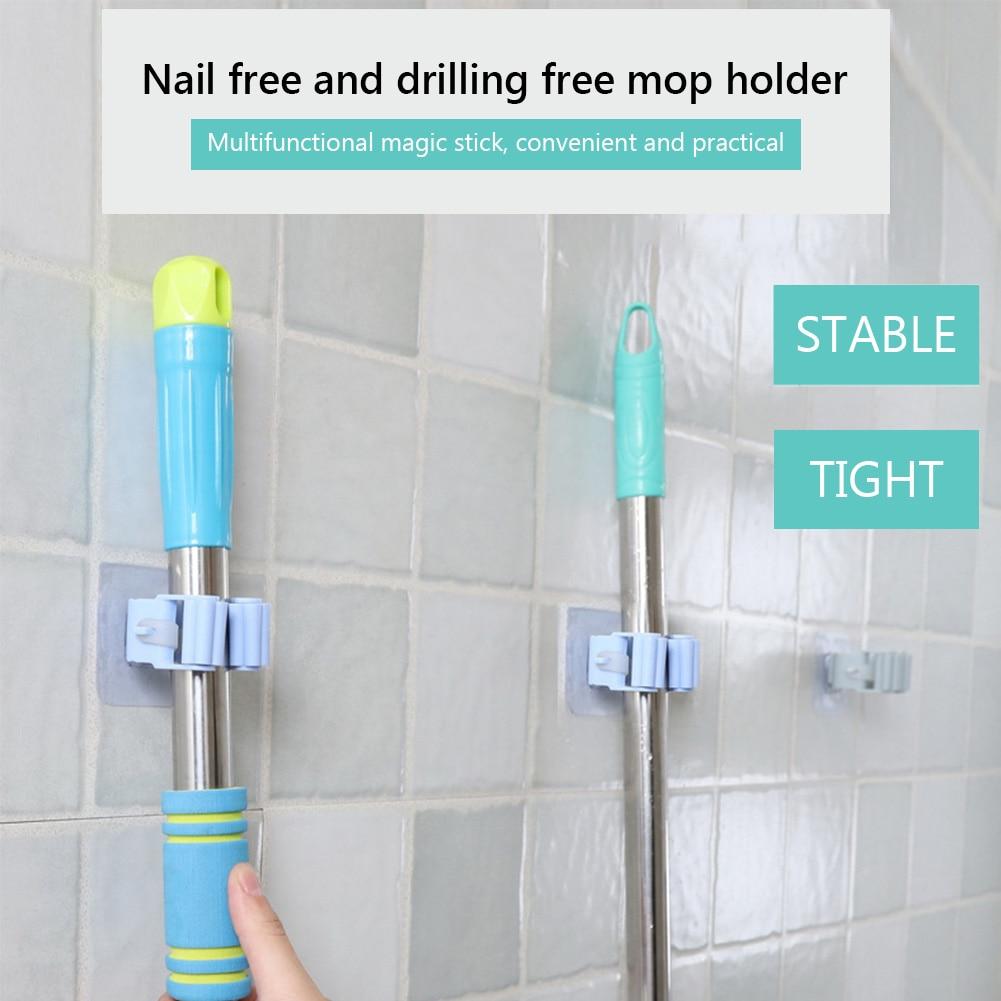 Self Adhesive Mop and Broom Holder Wall Mount Magic Hanger Organizer Cleaning Tools Storage Mop Rack (Random Color)