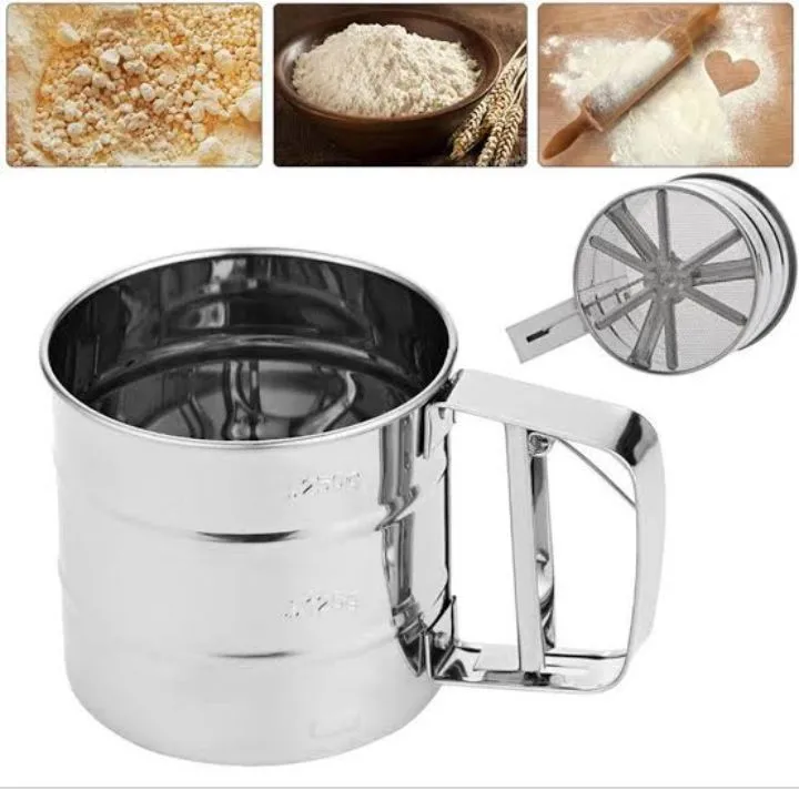 Flour Sifter, Stainless Steel Sifter for Baking, Double Layer Fine Mesh Baking Sifter, One Hand Press Crank Sifter for Powdered Sugar Shaker Duster, Flour Sieve Sifter for Baking Cakes