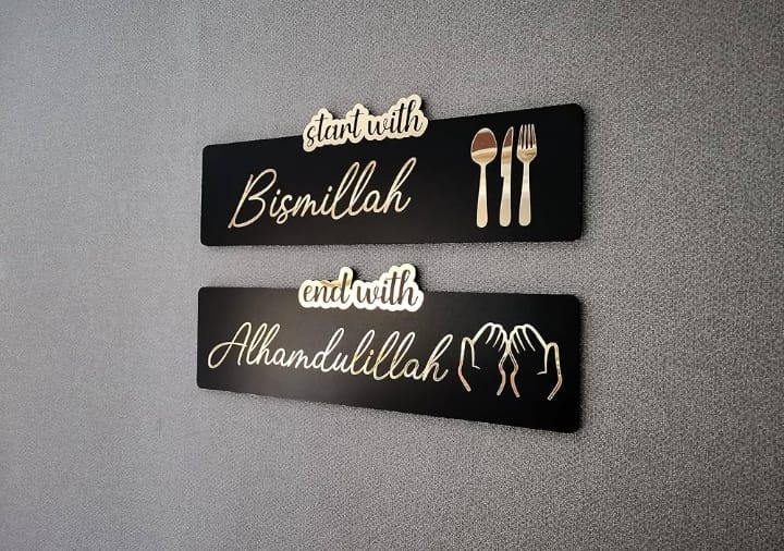 2pec set Start with Bismillah End with Alhamdulillah Islamic calligraphy Acrylic+wooden / Golden & silver color