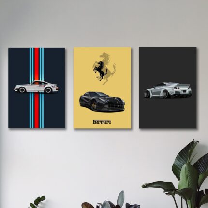 set of 3 sports cars wooden canvas frames for wall decore / sticky phototiles