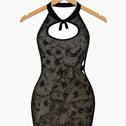 Sheer Glitter Halter Mini Dress – Keyhole Front, Open Back, Body Stocking Style (Black, Free Size)