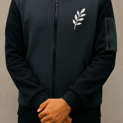 New Winter Collection Charcoal Grey Leaf Printed Zipper Jacket for Men & Boys – Warm & Stylish Fleece Outerwear