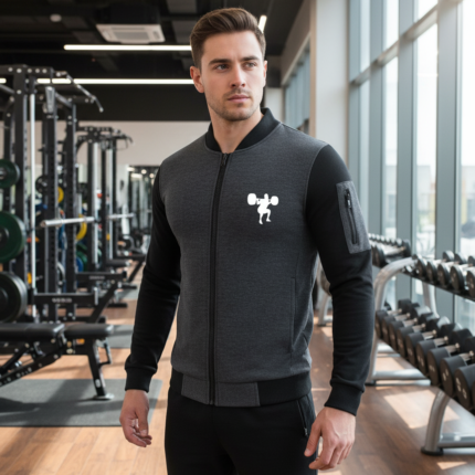 New Winter Collection Charcoal Grey Gym Printed Zipper Jacket for Men & Boys – French Fleece, Premium Quality, Stylish & Comfortable Winter Wear