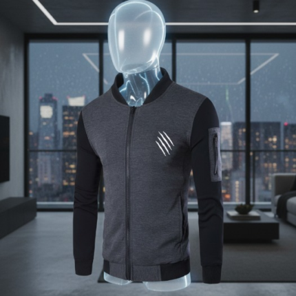 New Winter Collection Charcoal Grey Printed Zipper Jacket for Men & Boys – Premium French Fleece, Smart Fit, Stylish & Comfortable Winter Wear