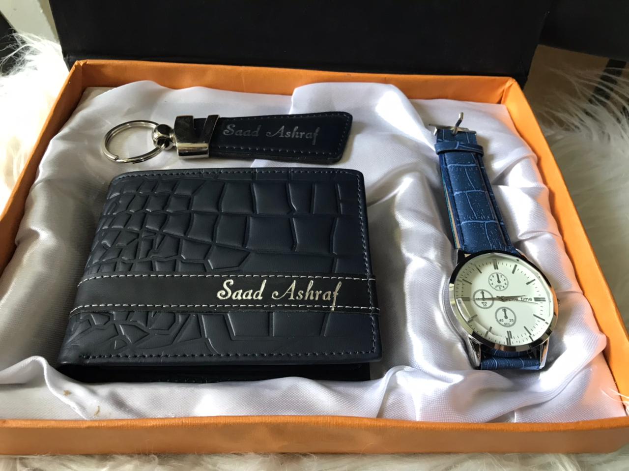 Customize Crocodile Navy Blue Wallet With KeyChain & Watch