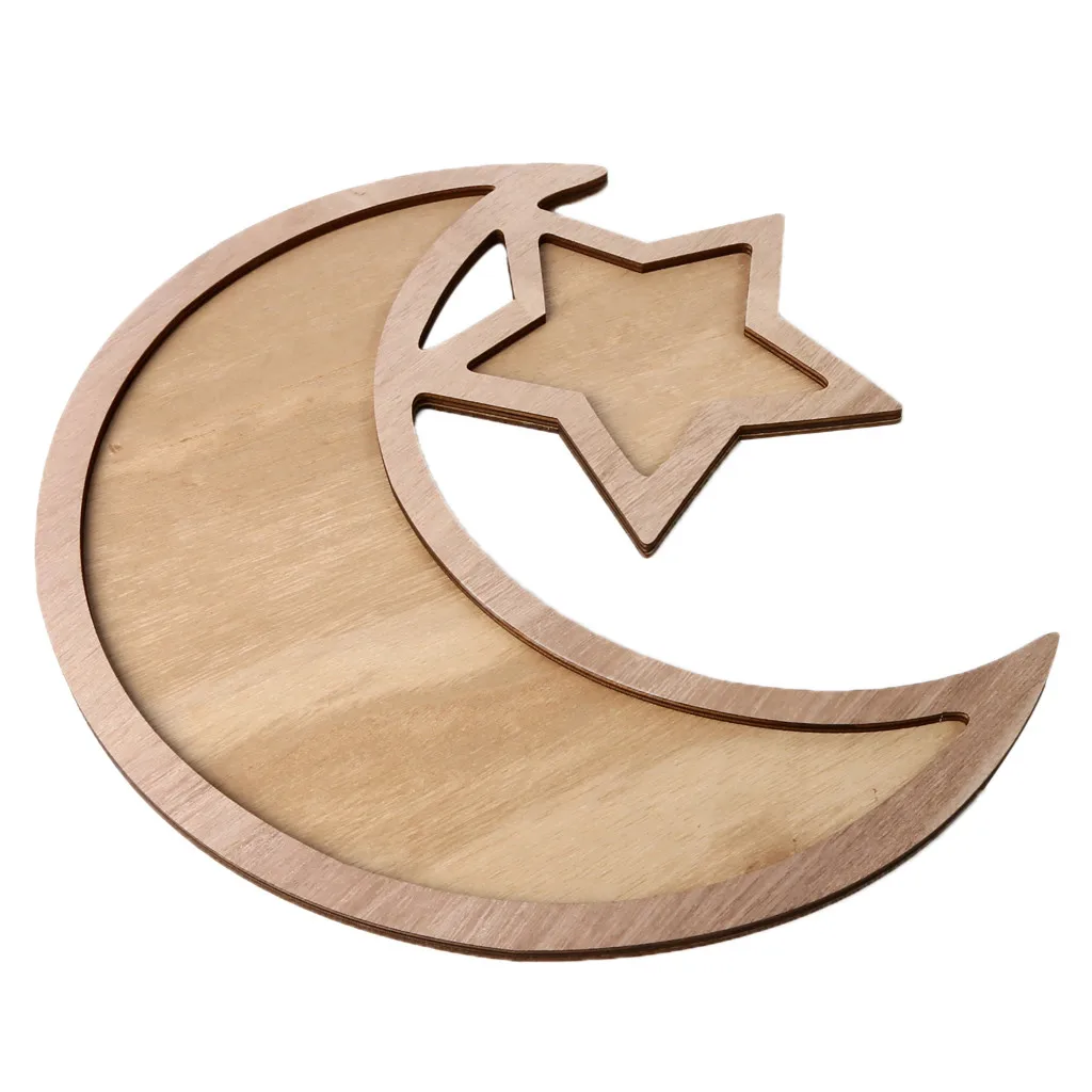ramzan Wood Serving Tray,Portable Food Storage Container Moon Star Decor -