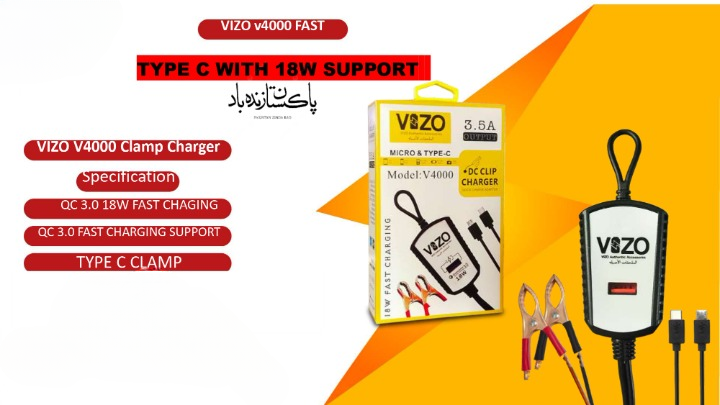 V4000 Dual Cable Clip Charger | Best Quality Type C Charger - 18W Charger - Vizo Charger | DC Clip Charger with Micro & Type-C Cable - 3.5 A