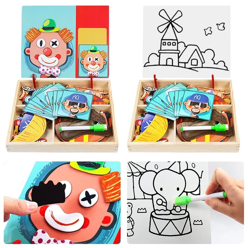 2in1 Crazy Face Clown Magnetic Drawing Board  | Magnetic Facial Features Magnetic Jigsaw Puzzle Changing Wooden Children's Toys Learning Toy for Children