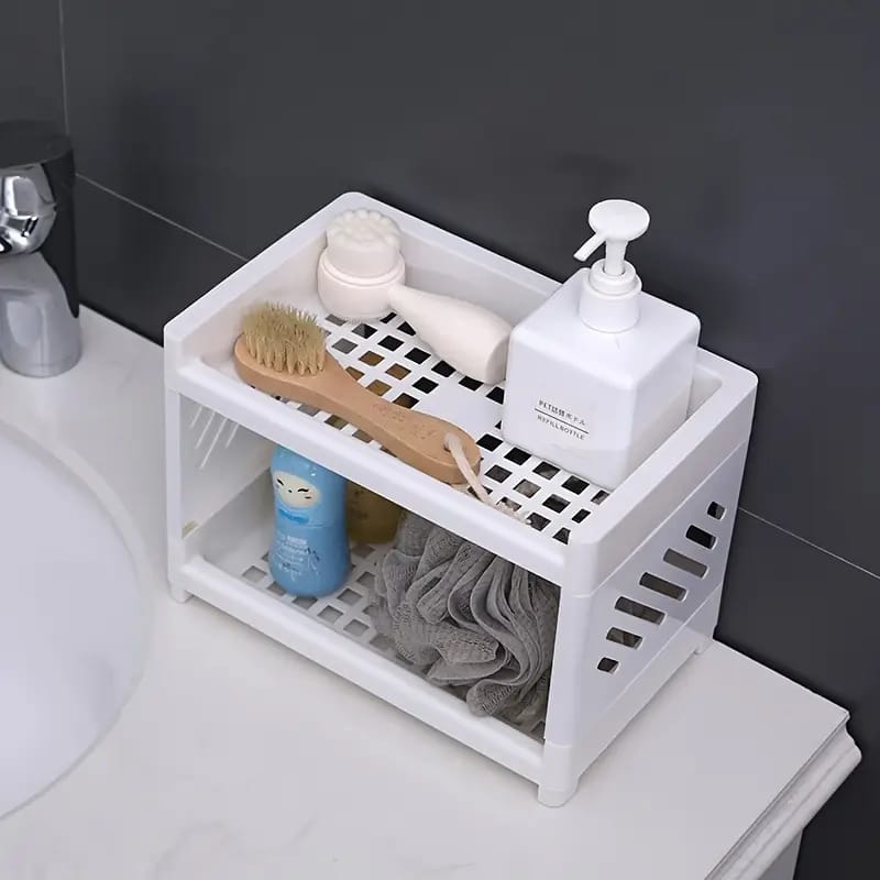 Desktop Double-Layer Plastic Storage Holder Rack Cosmetic Box Kitchen Bathroom Desk Shelf Organizer Office Supplies Stationery (Random Color) - Image 1