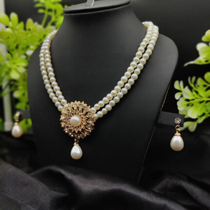 Imported Radiant Double-Layered Pearl Necklace with Golden Sunburst Pendant | Girls & Women Fashion