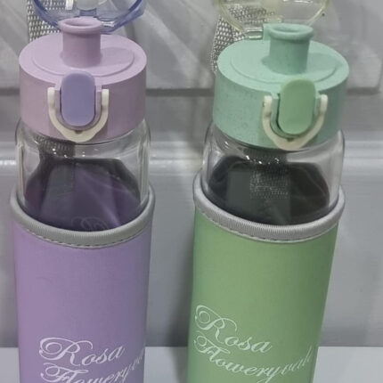 Rosa Flowery Glass Water Bottle with Protective Sleeve & Flip-Top Cap (300ml) | Water Bottle | Glass Water Bottle |