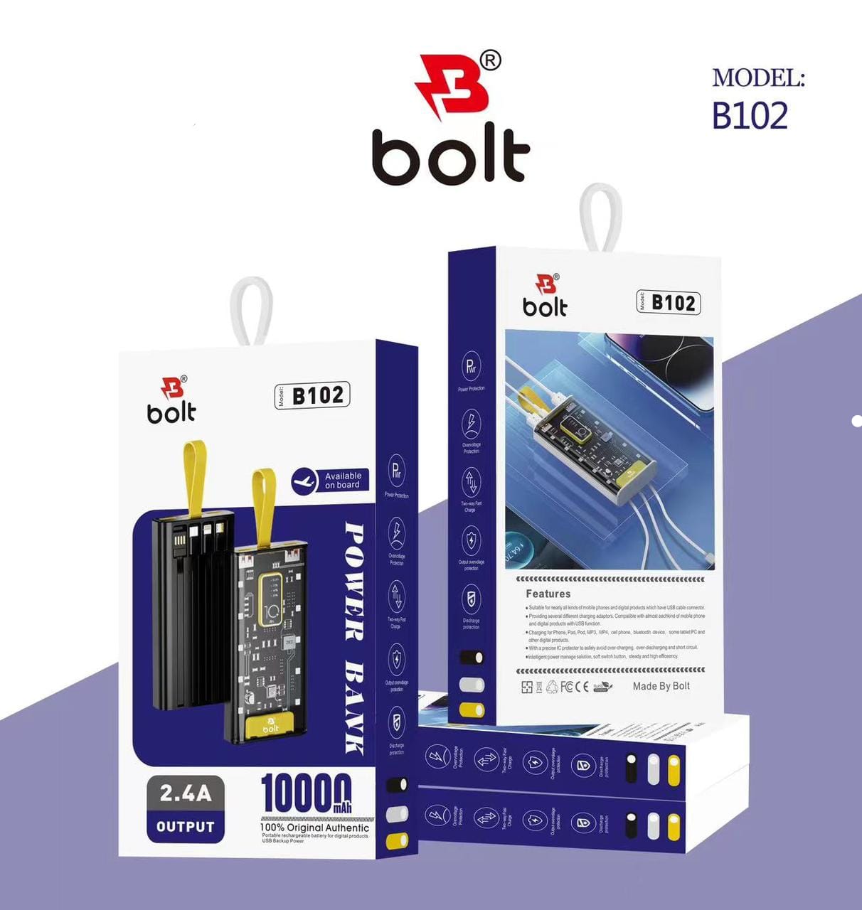 Bolt Power Bank B102 High-Capacity Portable Charger Designed To Keep Your Devices Powered Up On The Go 10’000mAh Battery