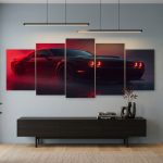 5‑Frames Dodge Challenger Red & Black Sports Car Wall Art – 40x16 Inch Wooden Sticky Tile Set