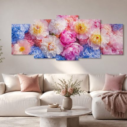 5-Piece Floral Bouquet Wall Art – Pink & Blue Peonies Wooden Sticky Tiles (40x16 Inch Ready Size)