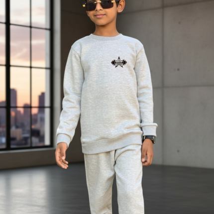 Grey Printed Fleece Winter Kids Tracksuit | Warm Sweatshirt & Trouser Set for Boys & Girls – Soft, Cozy & Stylish OutfitFOR BABY AND KIDS