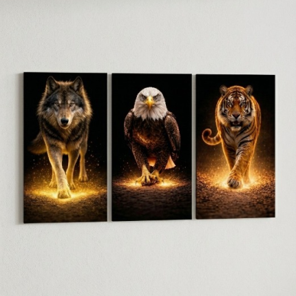 Set of 3 Majestic Wildlife Wall Art – Wolf, Eagle, and Tiger – 8x11 Inch Wooden Sticky Tiles for Powerful Room Decor