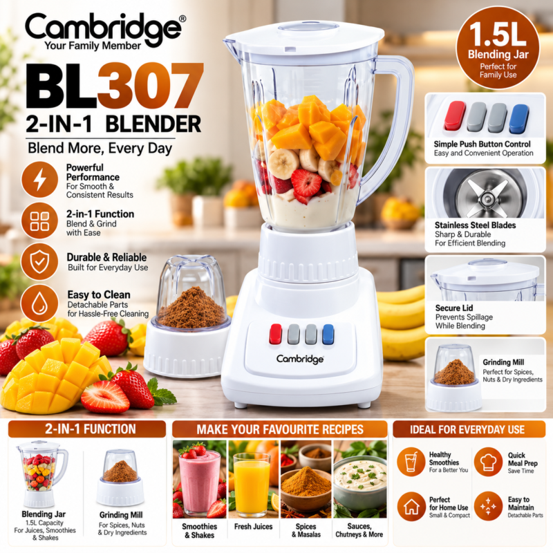 Cambridge BL-307 blender with 1.7 litre jug and dry mill attachment