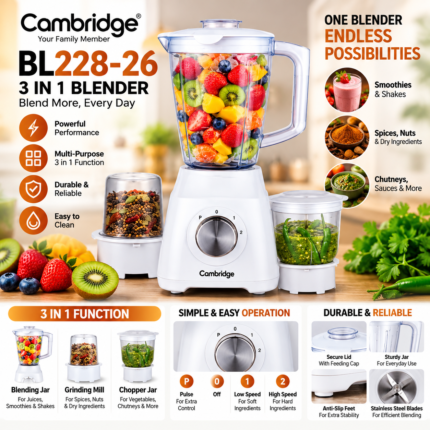 Cambridge BL-228 3-in-1 blender with 1.6 litre jug, dry mill and chopper attachment