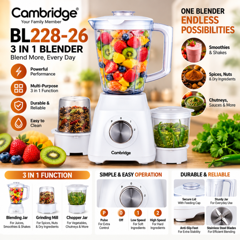Cambridge BL-228 3-in-1 blender with 1.6 litre jug, dry mill and chopper attachment
